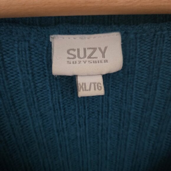 XL Suzy Shier Teal Blue Acrylic V-Neck Sweater (18" PTP) - Picture 3 of 6